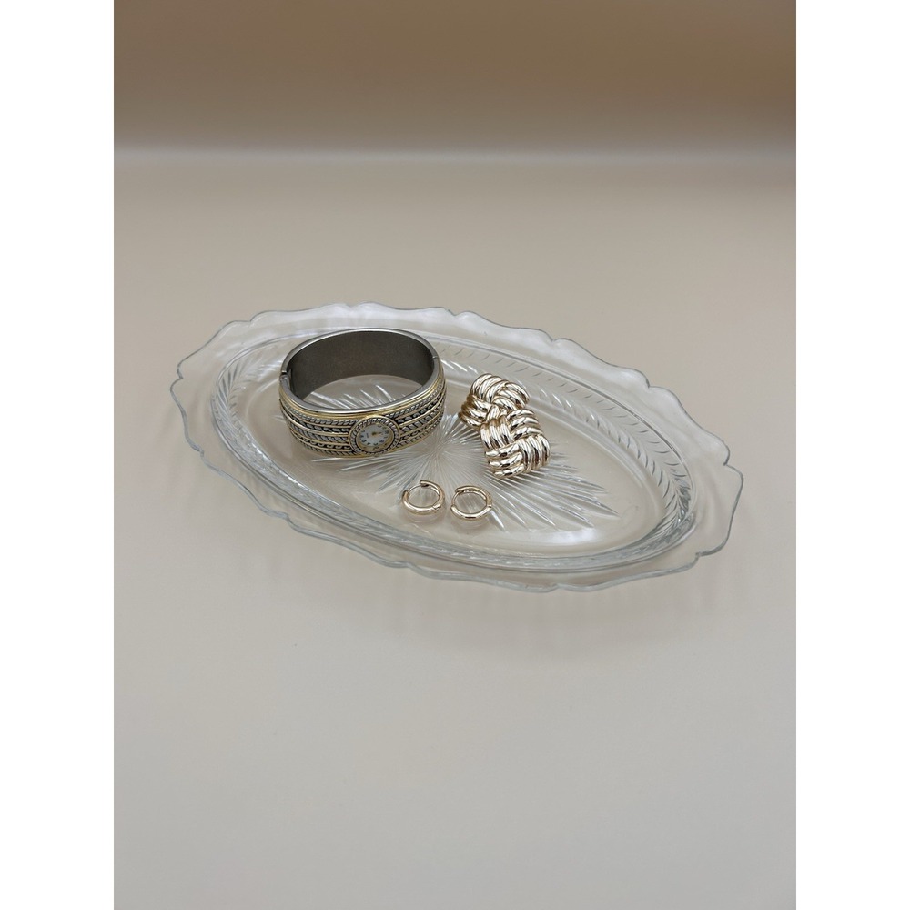 Vintage Sunburst Herringbone Clear Glass Trinket Dish